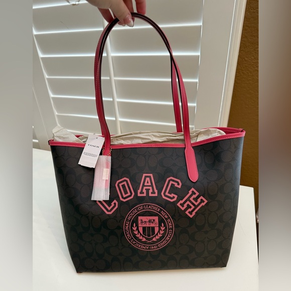 Coach Brown and Pink Tote Bag with Signature Monogram